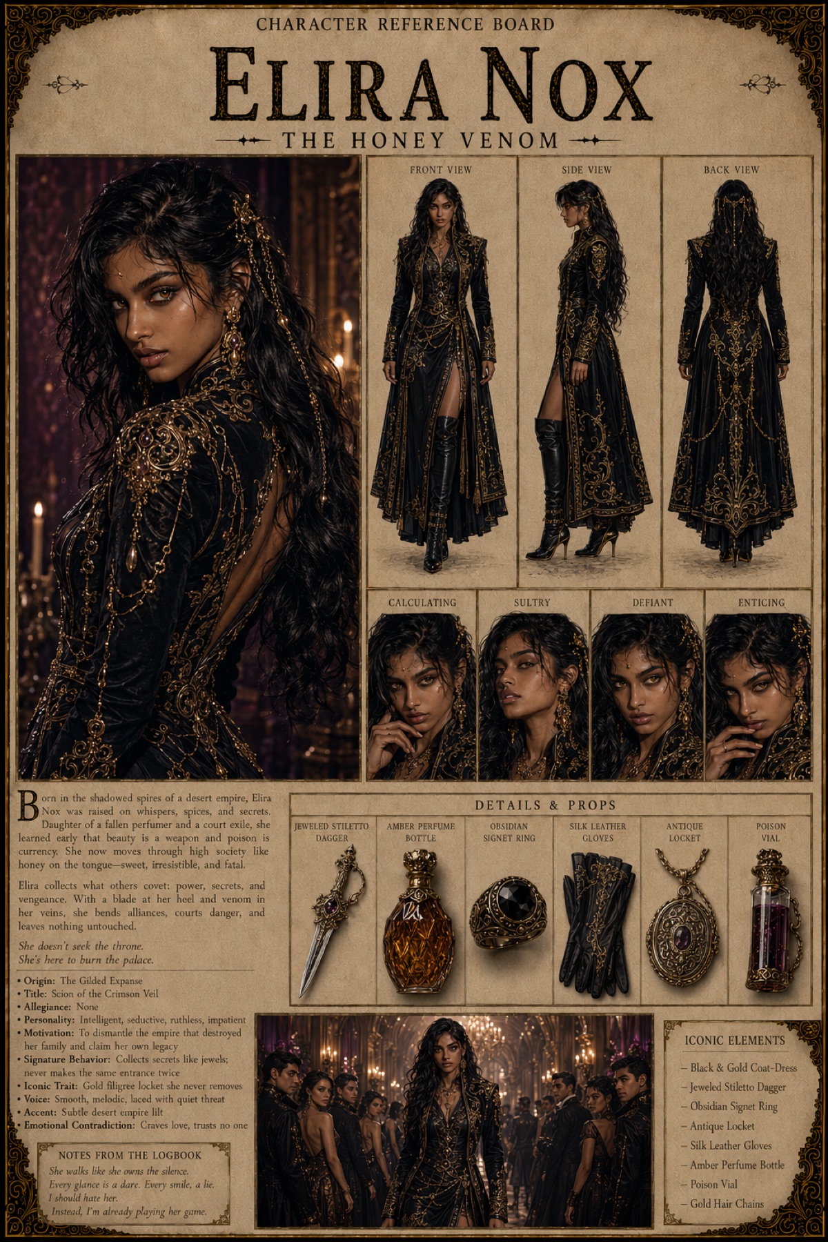 Elira Nox, The Honey Venom reference board