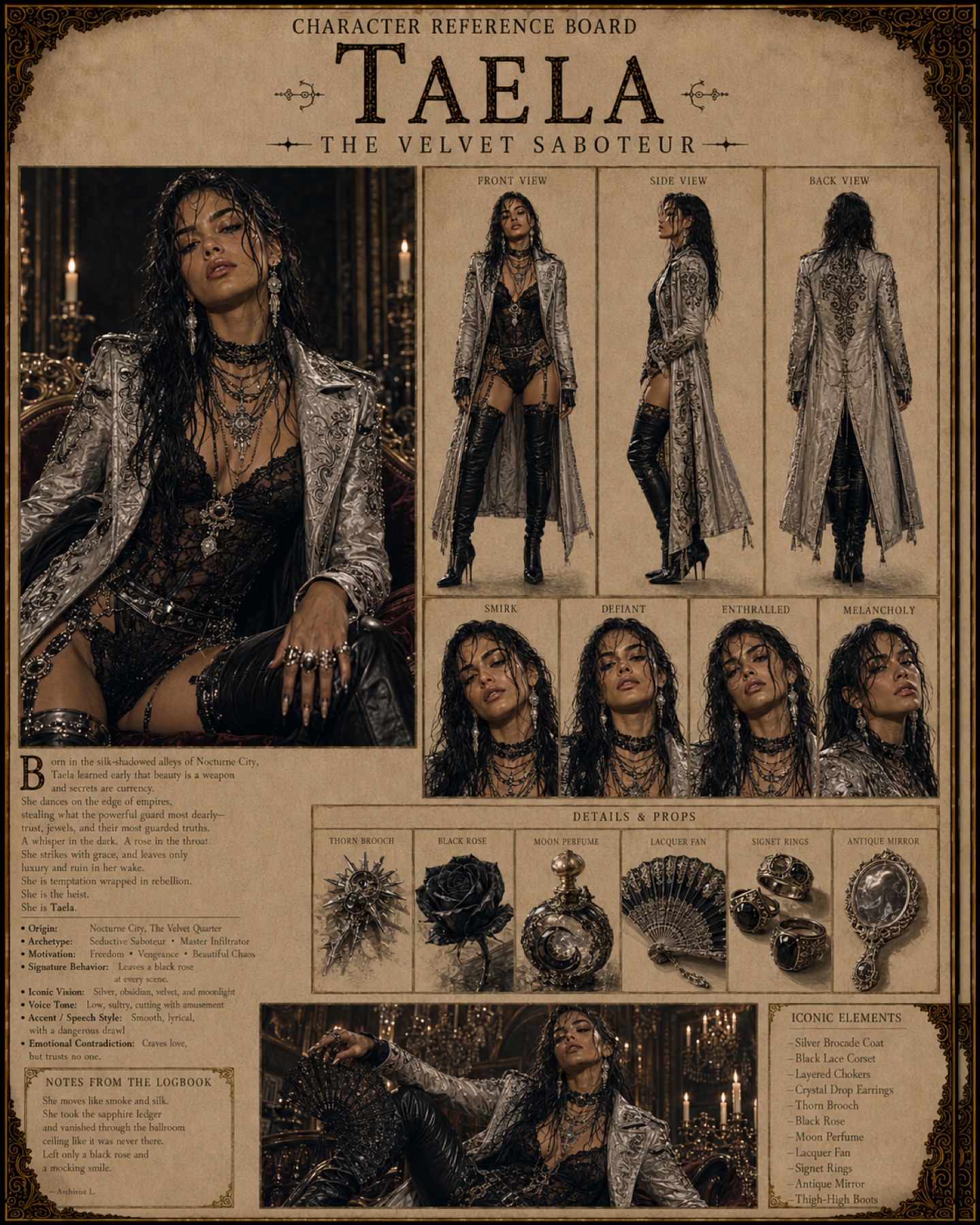 Taela, The Velvet Saboteur reference board